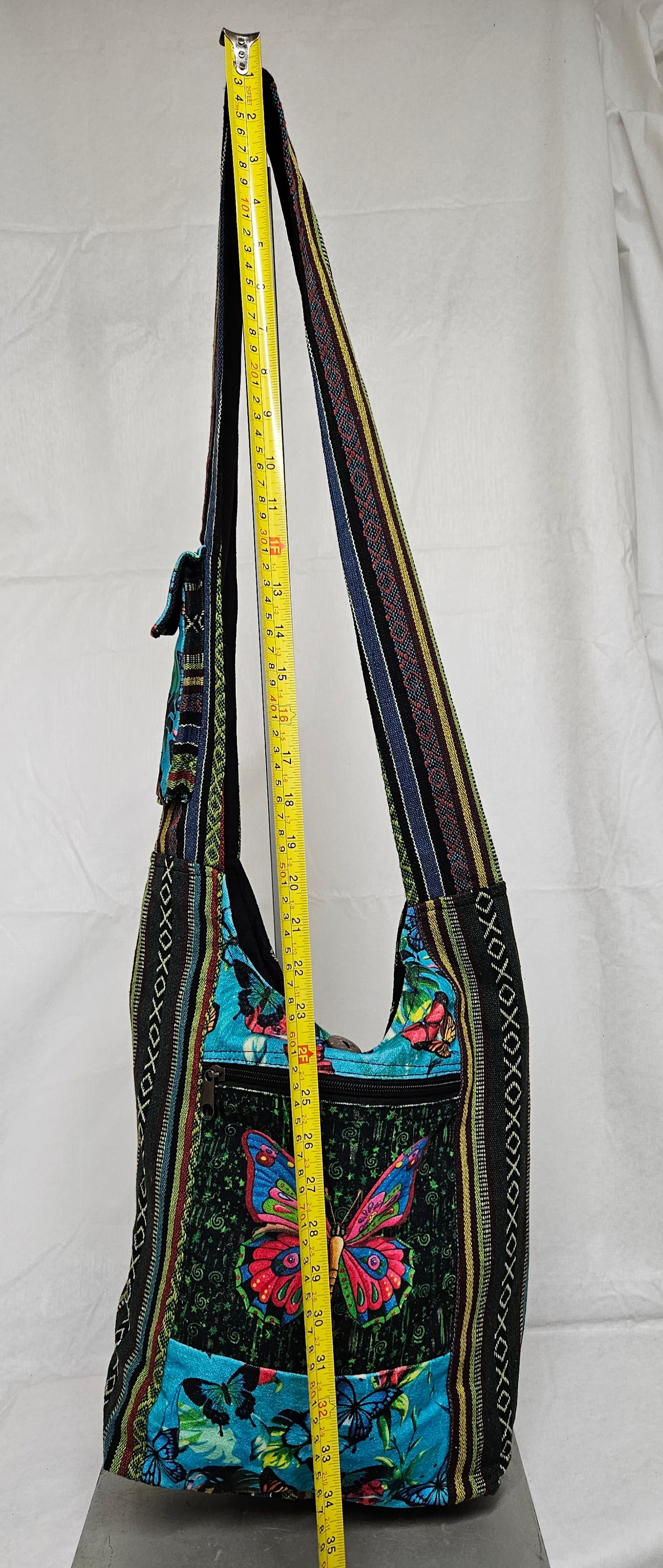 Large Himalayan Hemp Hobo Crossbody Bag with Butterflies on Front and Strap Pocket