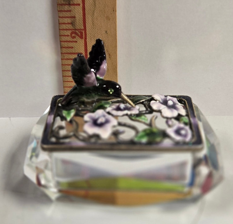 Hummingbird Jeweled Trinket Box with an Iridescent Glass Crystal Base