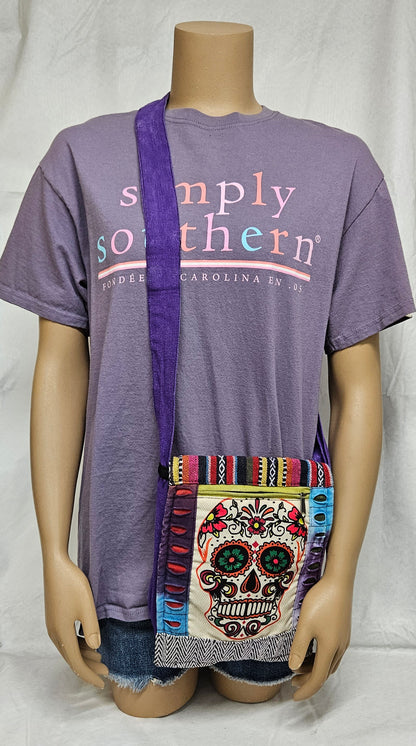 Cotton Skull Hemp Bag with Front Flap and Adjustable Strap