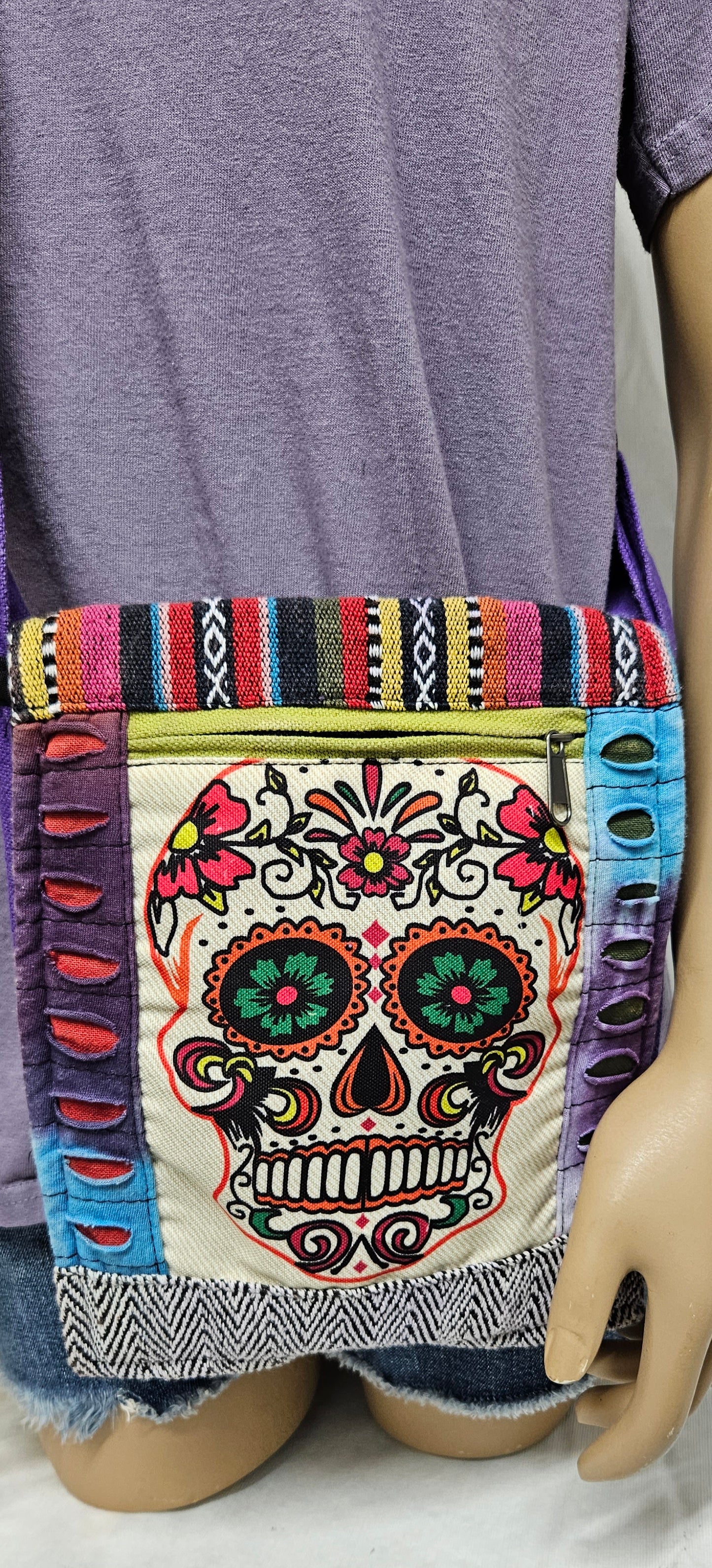 Cotton Skull Hemp Bag with Front Flap and Adjustable Strap