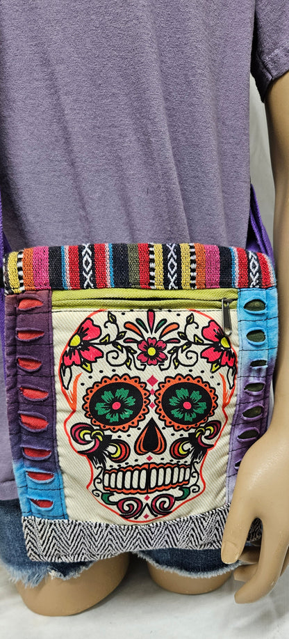 Cotton Skull Hemp Bag with Front Flap and Adjustable Strap