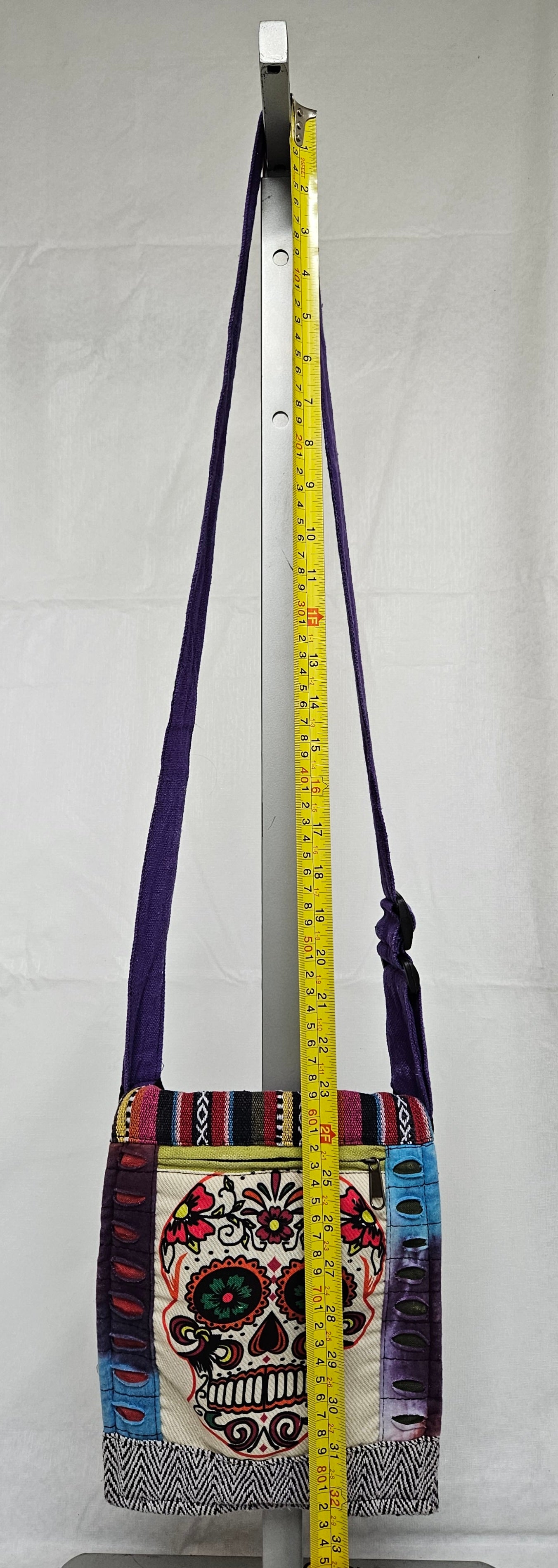 Cotton Skull Hemp Bag with Front Flap and Adjustable Strap