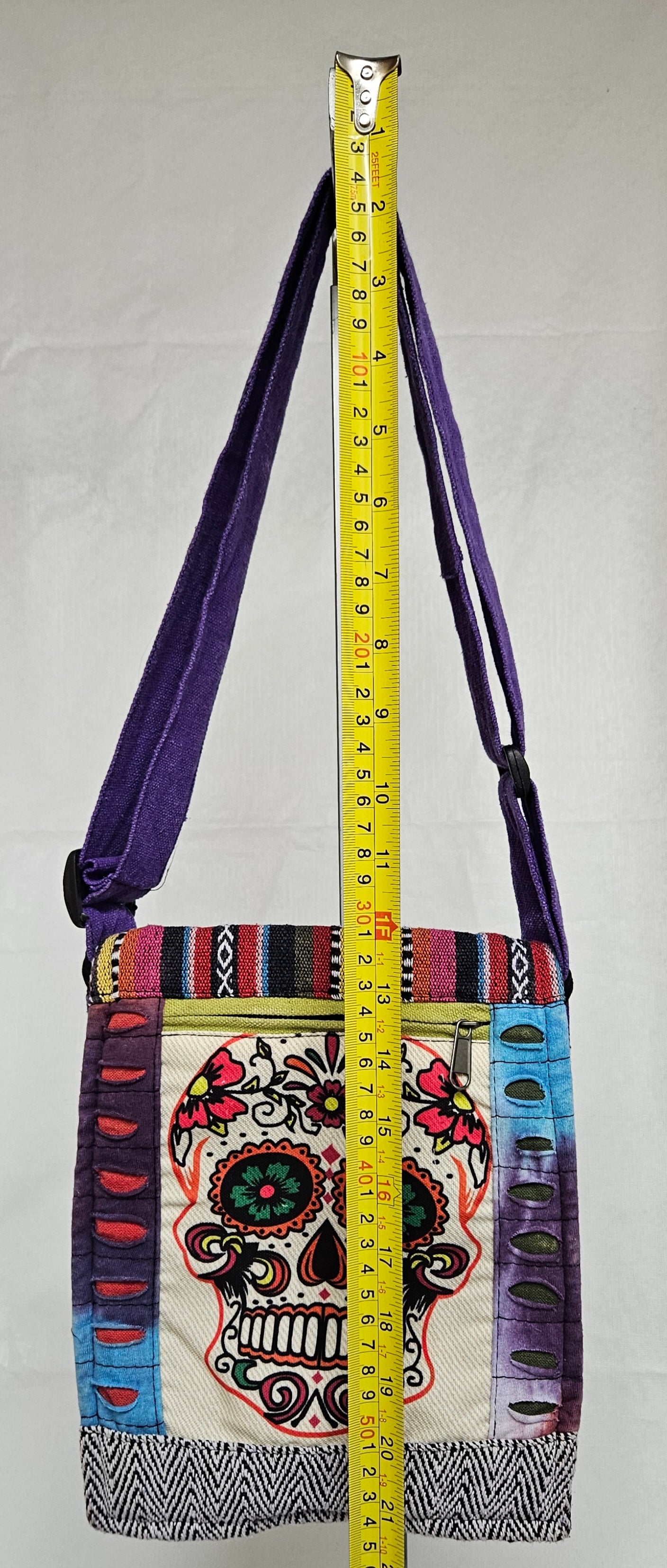 Cotton Skull Hemp Bag with Front Flap and Adjustable Strap