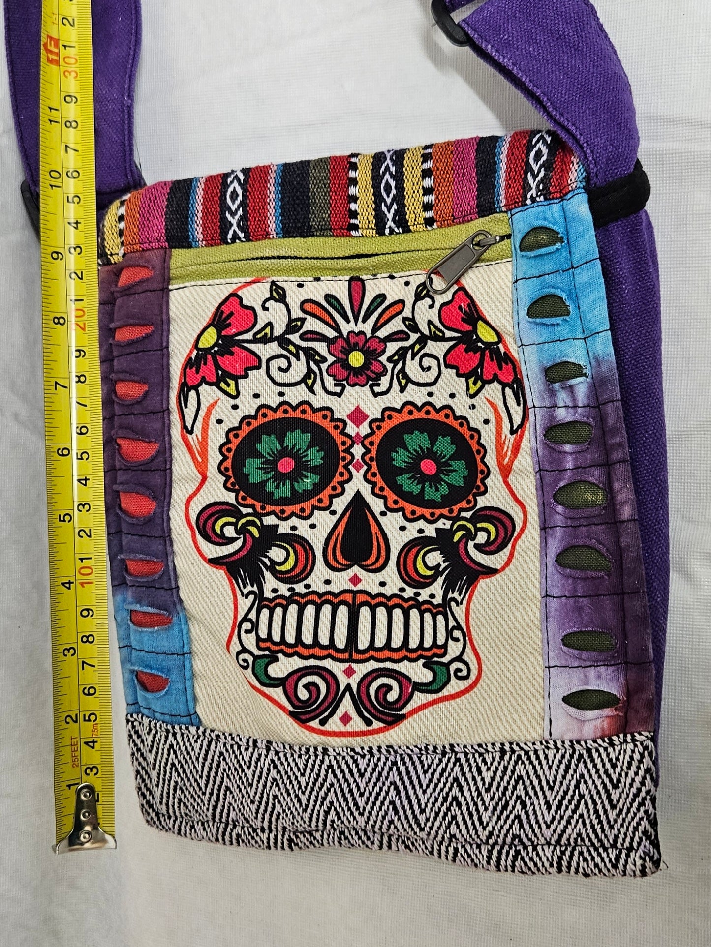 Cotton Skull Hemp Bag with Front Flap and Adjustable Strap