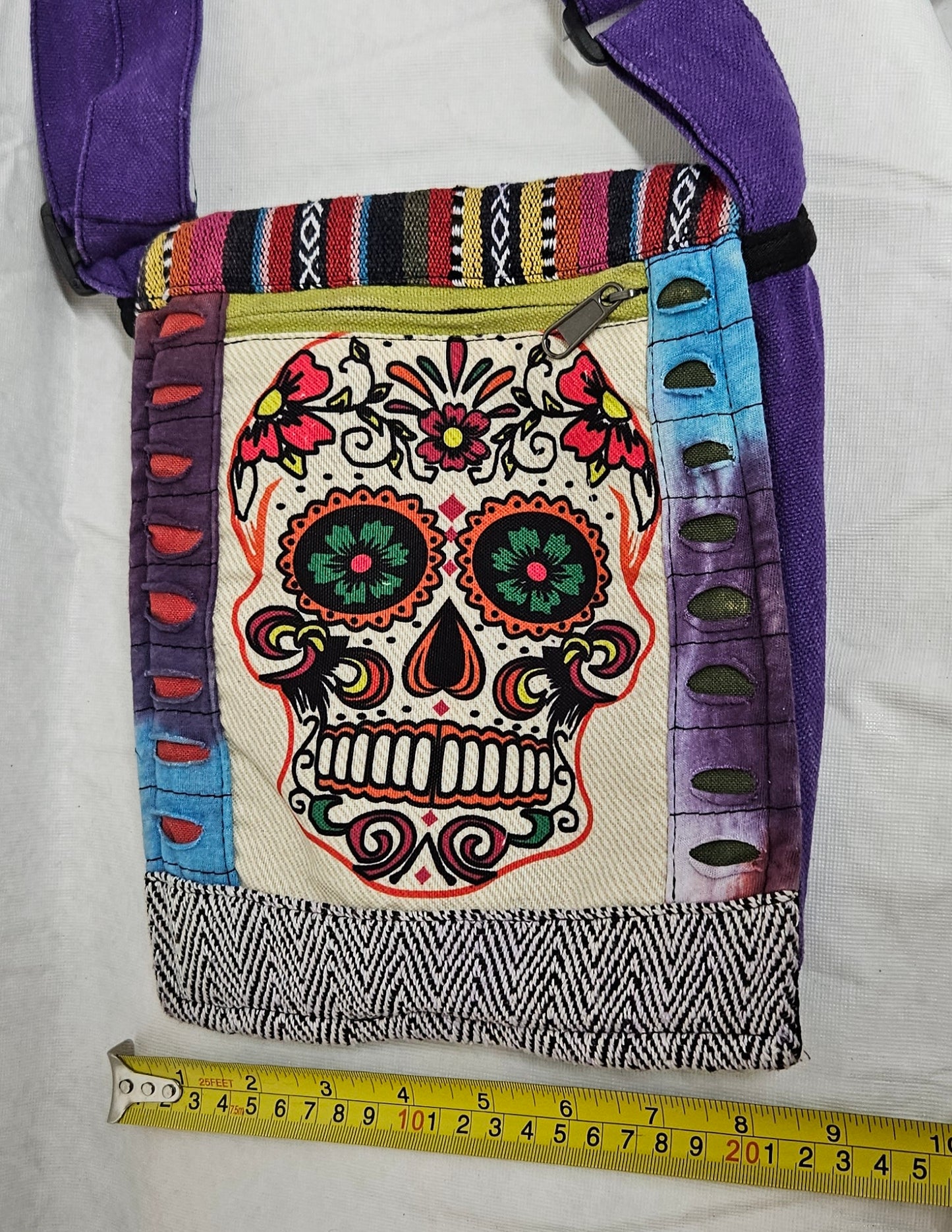 Cotton Skull Hemp Bag with Front Flap and Adjustable Strap