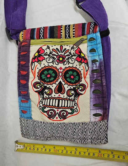 Cotton Skull Hemp Bag with Front Flap and Adjustable Strap