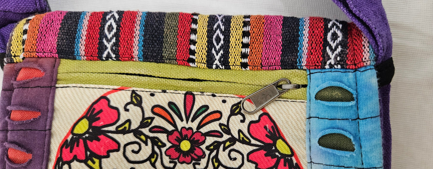 Cotton Skull Hemp Bag with Front Flap and Adjustable Strap