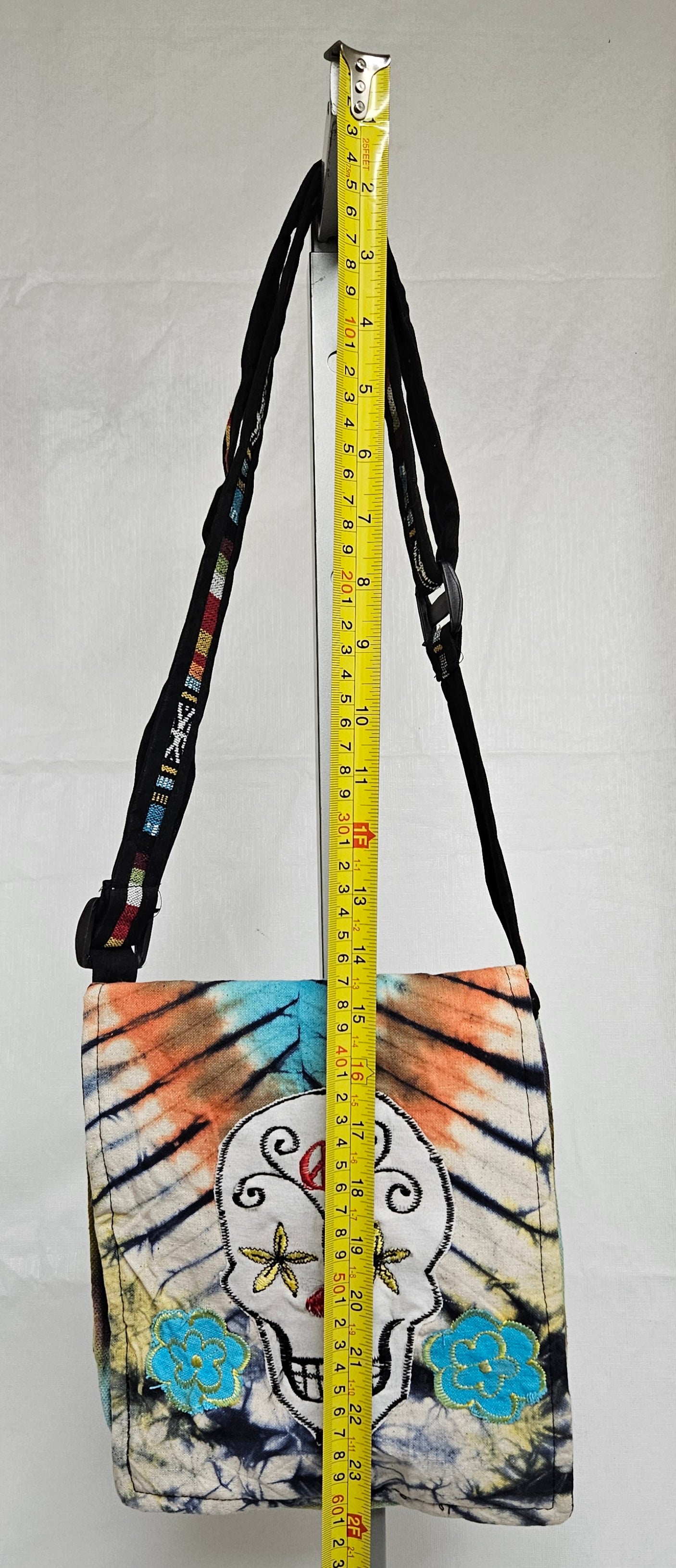 Cotton Purse with a Skull and two flowers/A Hemp Bag with Front Flap and Adjustable Strap