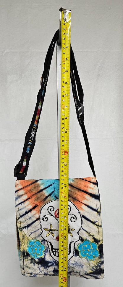 Cotton Purse with a Skull and two flowers/A Hemp Bag with Front Flap and Adjustable Strap