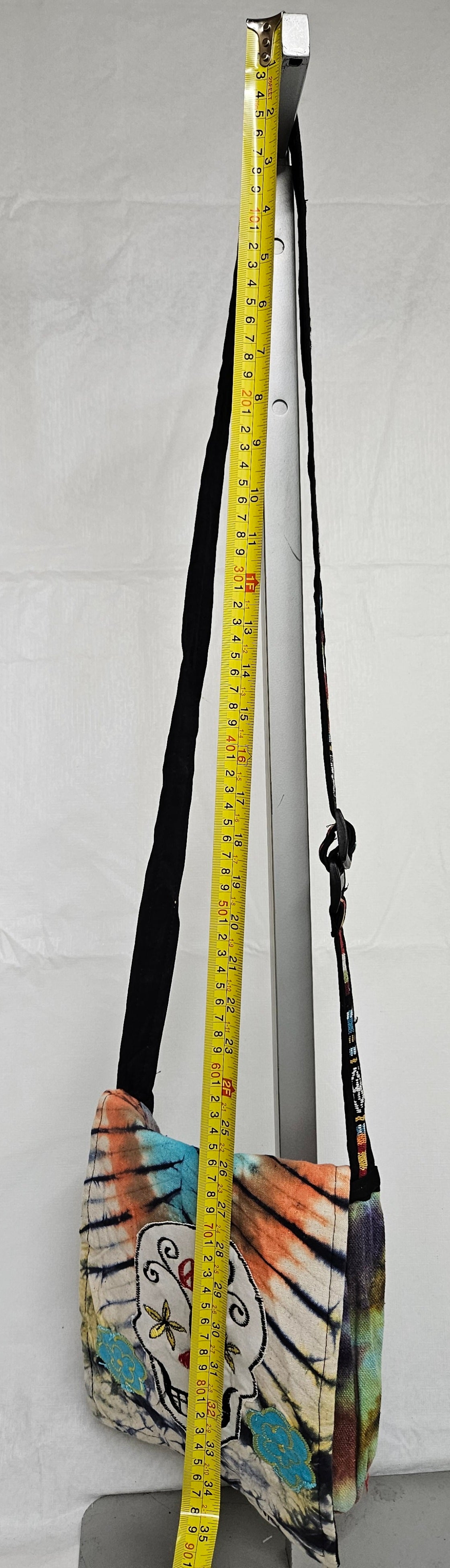 Cotton Purse with a Skull and two flowers/A Hemp Bag with Front Flap and Adjustable Strap