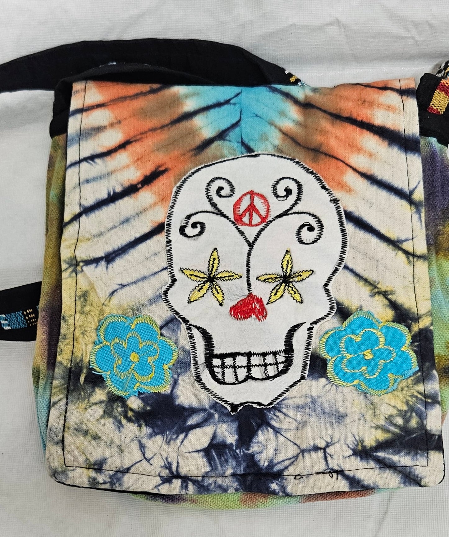 Cotton Purse with a Skull and two flowers/A Hemp Bag with Front Flap and Adjustable Strap