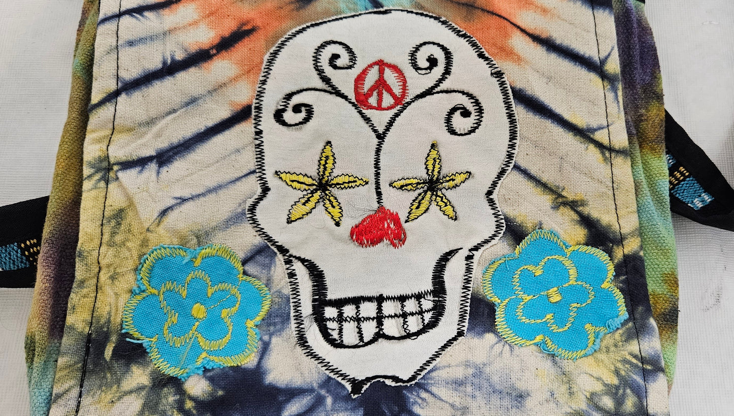 Cotton Purse with a Skull and two flowers/A Hemp Bag with Front Flap and Adjustable Strap