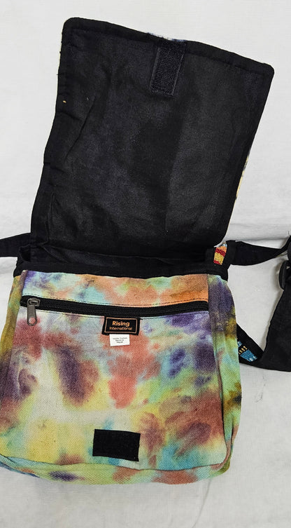 Cotton Purse with a Skull and two flowers/A Hemp Bag with Front Flap and Adjustable Strap