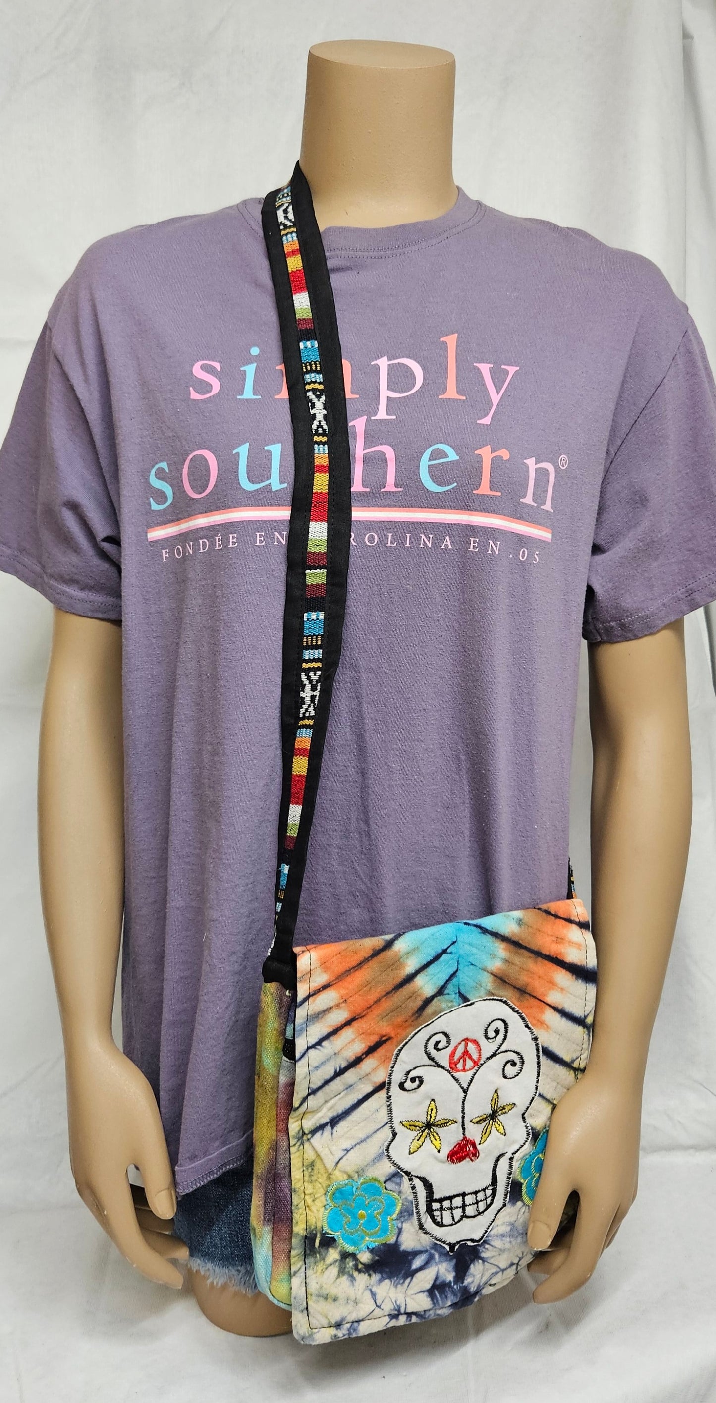 Cotton Purse with a Skull and two flowers/A Hemp Bag with Front Flap and Adjustable Strap