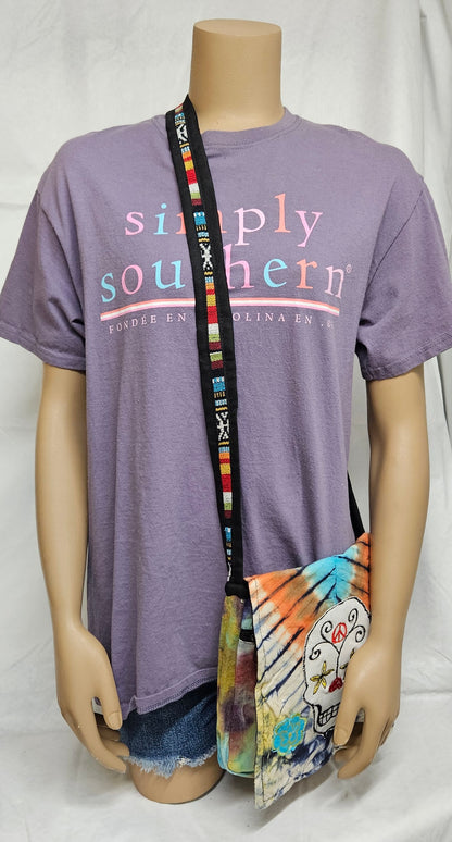 Cotton Purse with a Skull and two flowers/A Hemp Bag with Front Flap and Adjustable Strap