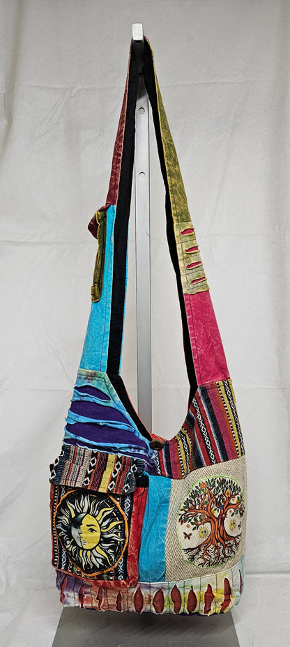 Large Cotton Himalayan Hemp Razor Patchwork Tree of Life Sun Moon Hobo Crossbody Bag