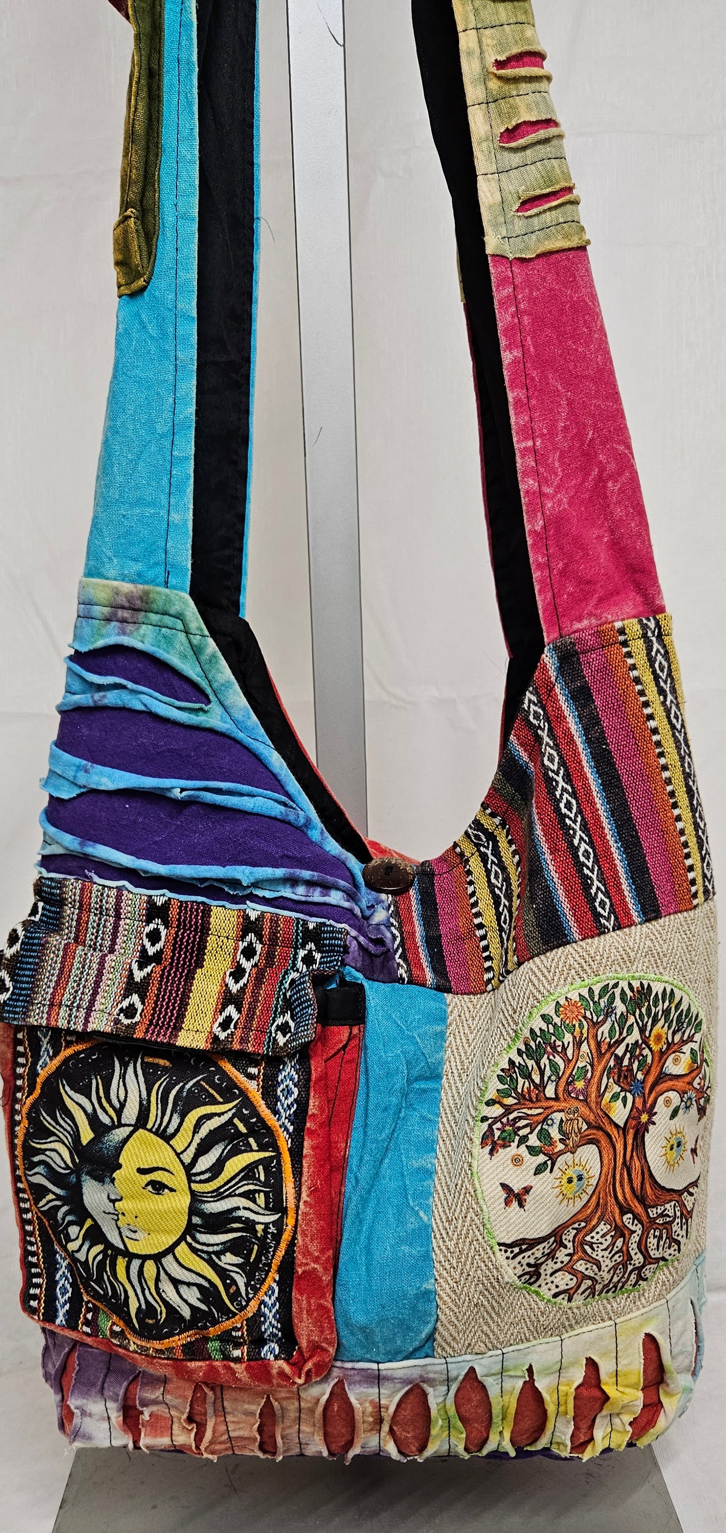 Large Cotton Himalayan Hemp Razor Patchwork Tree of Life Sun Moon Hobo Crossbody Bag