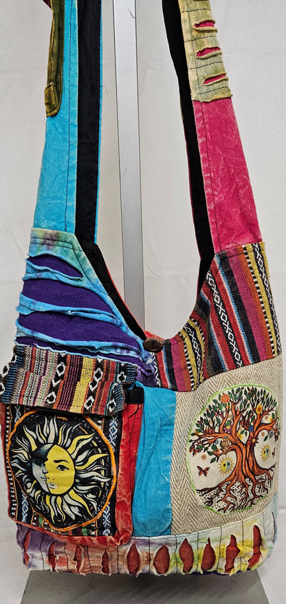 Large Cotton Himalayan Hemp Razor Patchwork Tree of Life Sun Moon Hobo Crossbody Bag