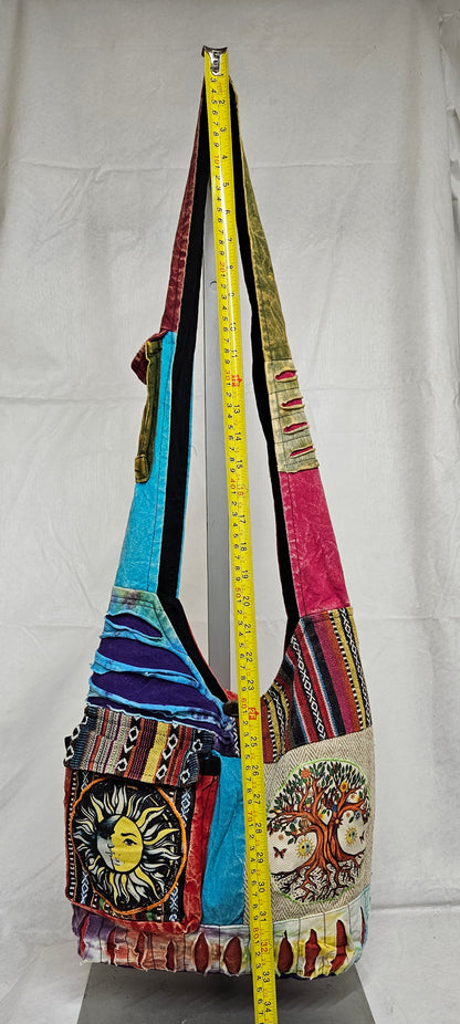 Large Cotton Himalayan Hemp Razor Patchwork Tree of Life Sun Moon Hobo Crossbody Bag