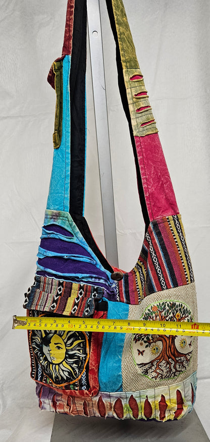Large Cotton Himalayan Hemp Razor Patchwork Tree of Life Sun Moon Hobo Crossbody Bag