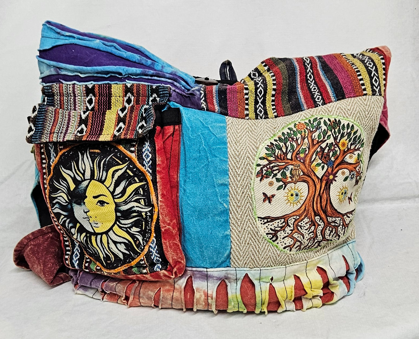 Large Cotton Himalayan Hemp Razor Patchwork Tree of Life Sun Moon Hobo Crossbody Bag