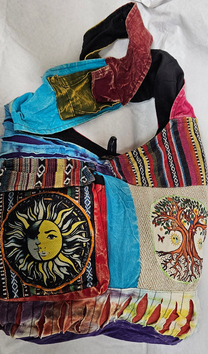 Large Cotton Himalayan Hemp Razor Patchwork Tree of Life Sun Moon Hobo Crossbody Bag
