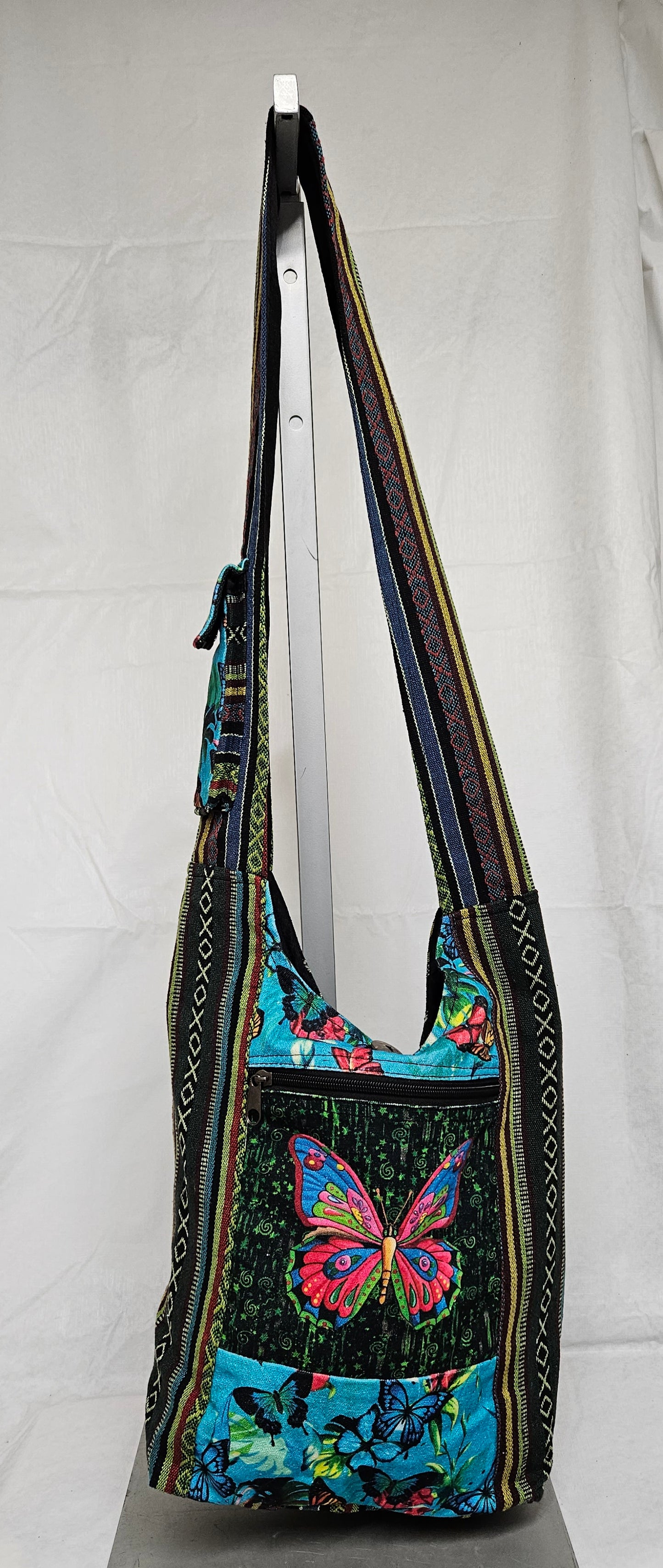 Large Himalayan Hemp Hobo Crossbody Bag with Butterflies on Front and Strap Pocket