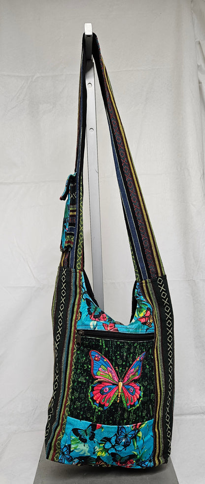 Large Himalayan Hemp Hobo Crossbody Bag with Butterflies on Front and Strap Pocket