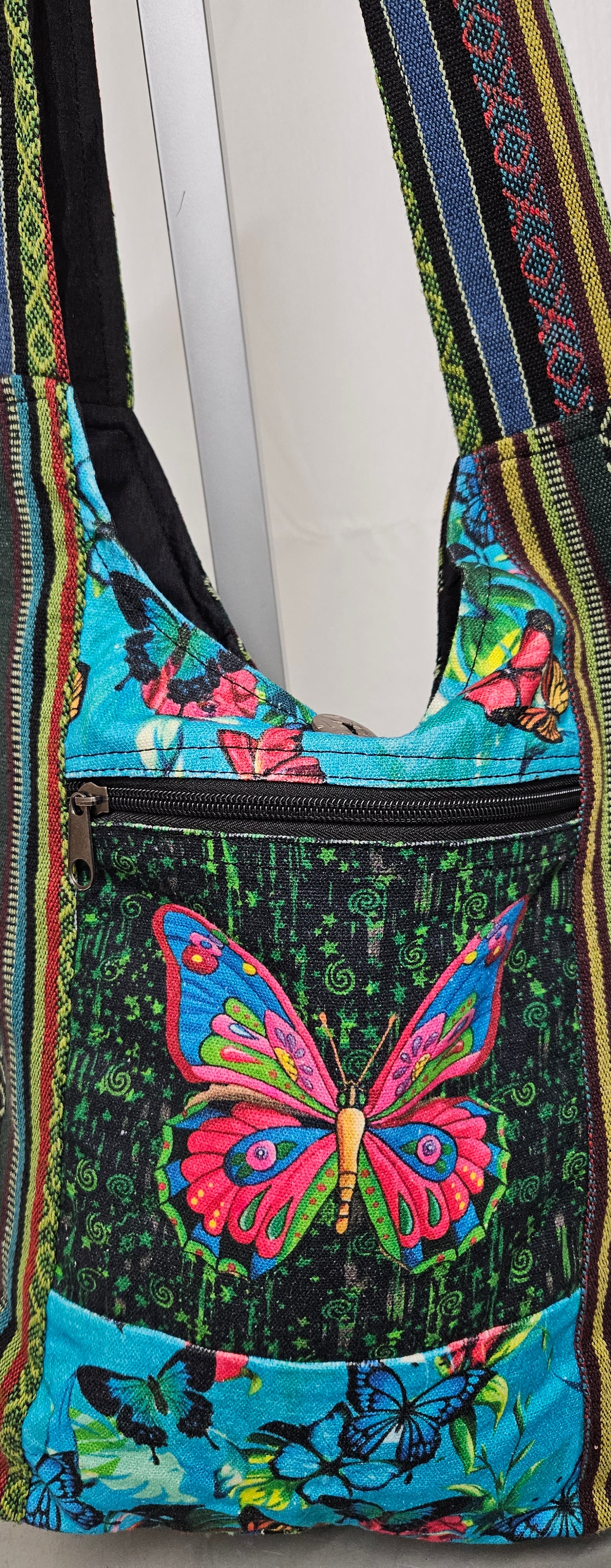 Large Himalayan Hemp Hobo Crossbody Bag with Butterflies on Front and Strap Pocket