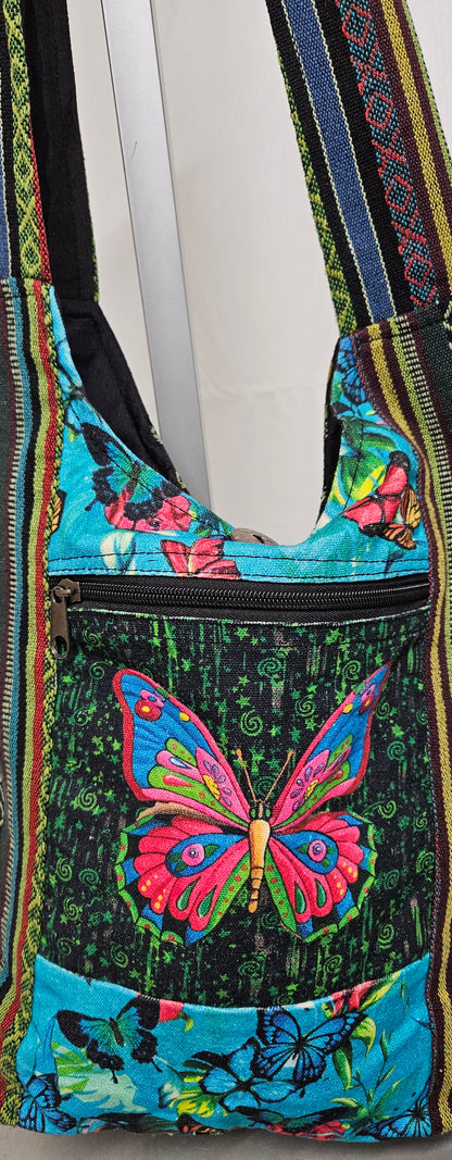 Large Himalayan Hemp Hobo Crossbody Bag with Butterflies on Front and Strap Pocket
