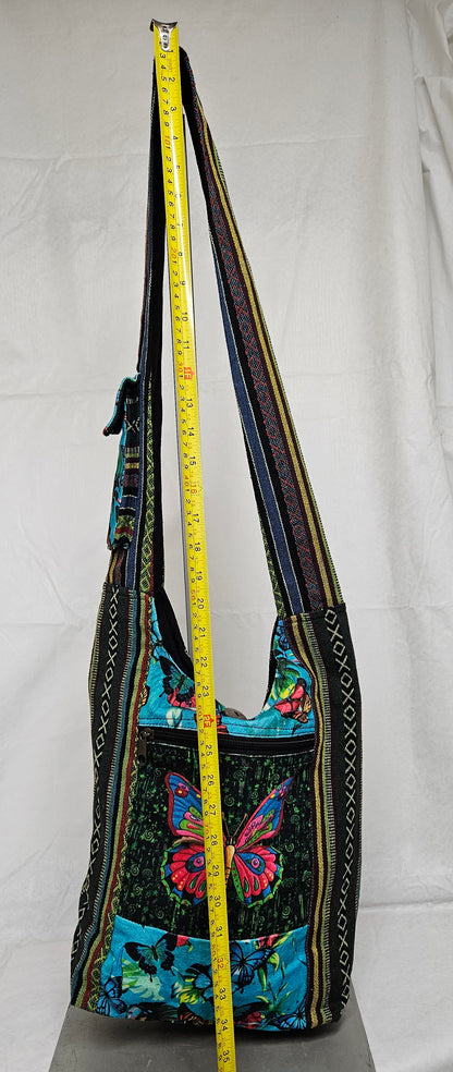 Large Himalayan Hemp Hobo Crossbody Bag with Butterflies on Front and Strap Pocket