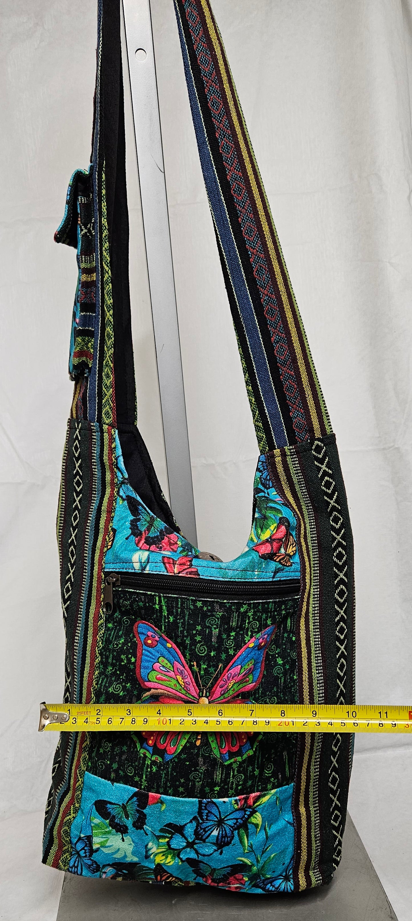 Large Himalayan Hemp Hobo Crossbody Bag with Butterflies on Front and Strap Pocket
