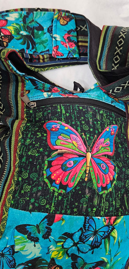 Large Himalayan Hemp Hobo Crossbody Bag with Butterflies on Front and Strap Pocket