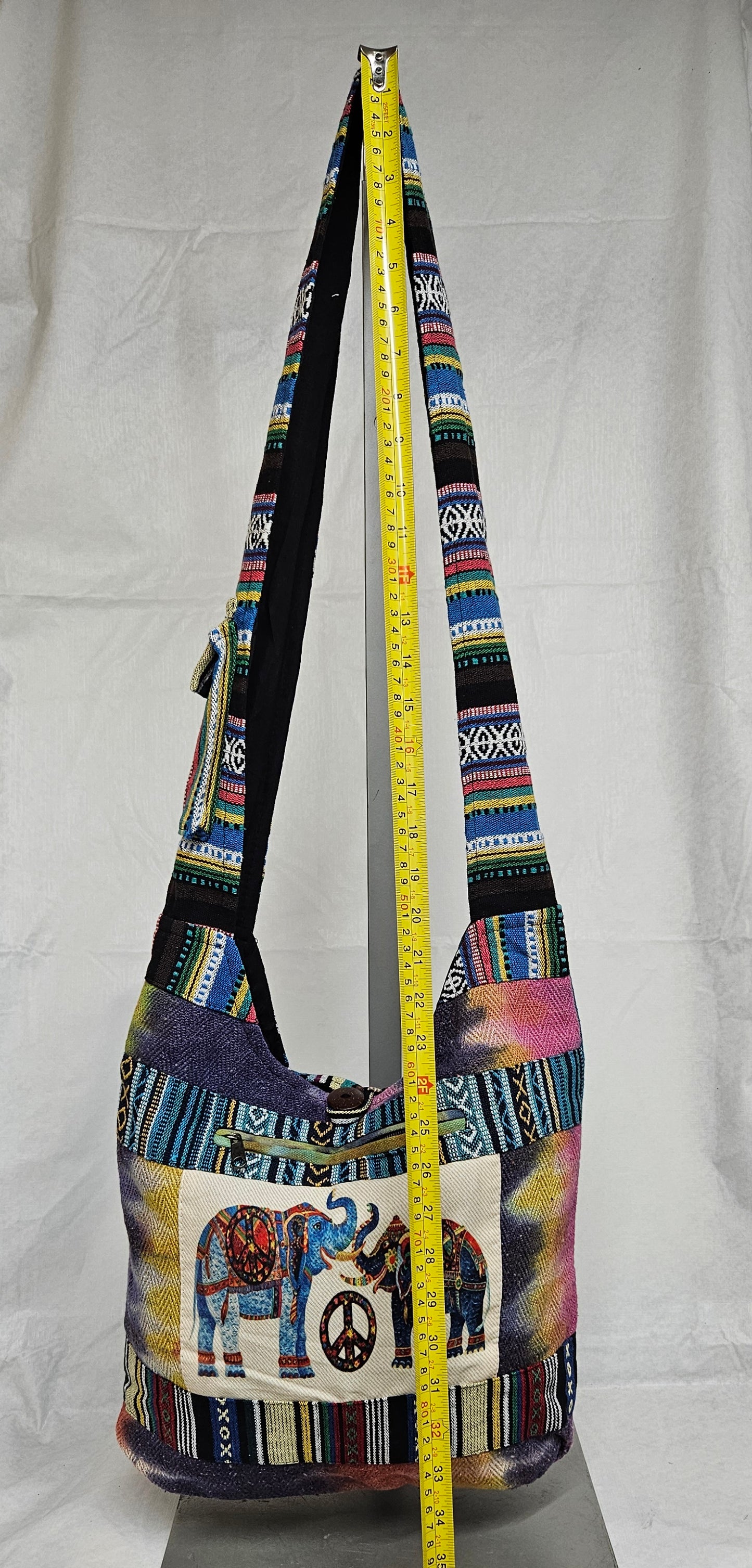 Large Hobo Style Purse/Bag With 2 Elephants and a Peace Sign on the Front