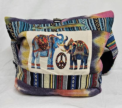 Large Hobo Style Purse/Bag With 2 Elephants and a Peace Sign on the Front