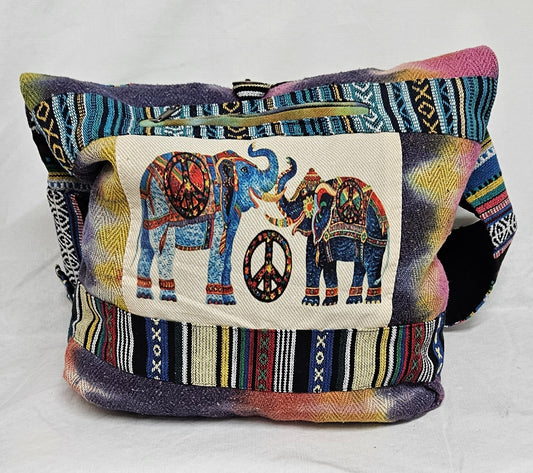 Large Hobo Style Purse/Bag With 2 Elephants and a Peace Sign on the Front