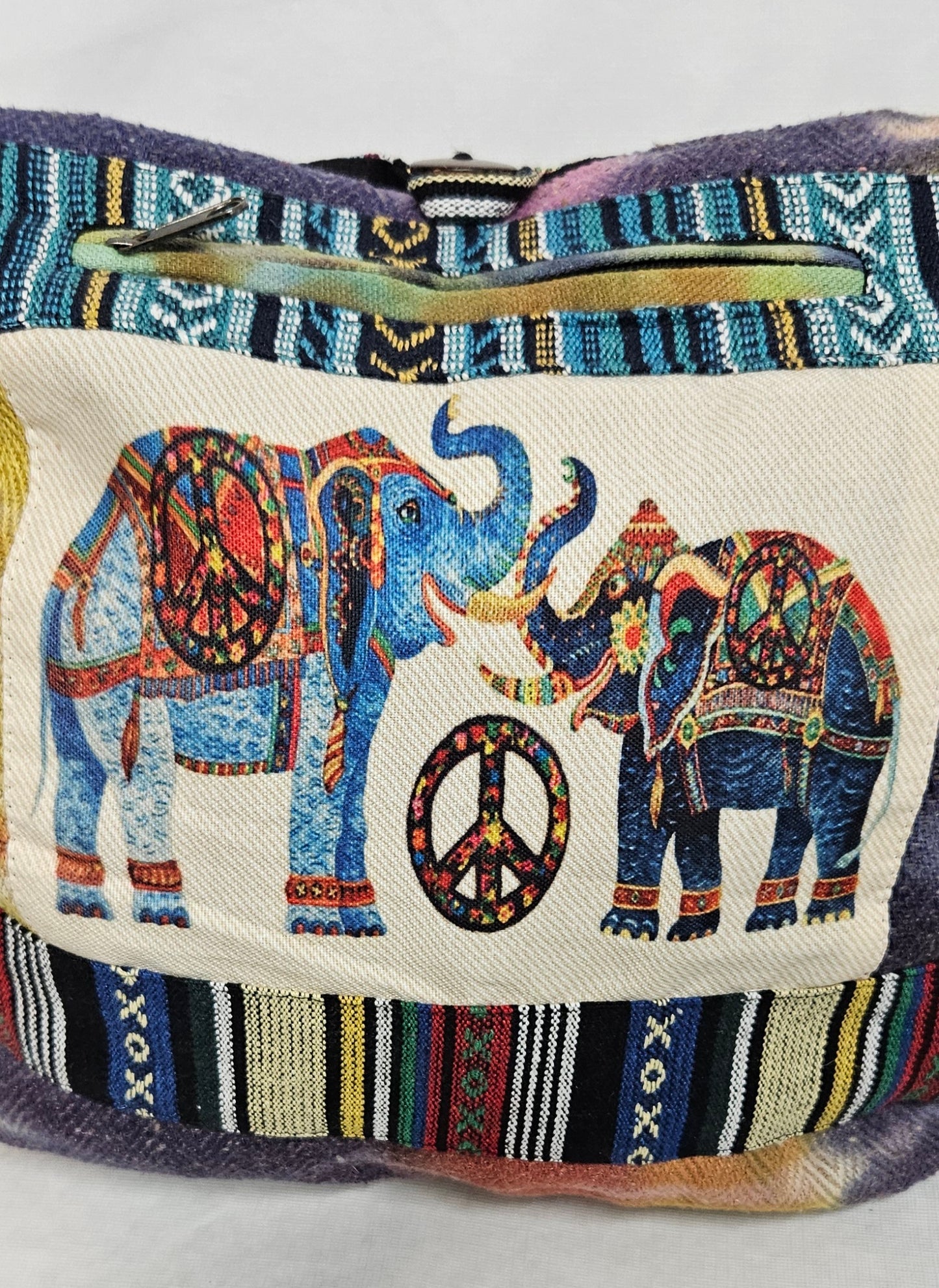 Large Hobo Style Purse/Bag With 2 Elephants and a Peace Sign on the Front