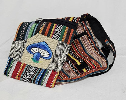 Cotton Purse with a Mushroom on the Front Flap/A Hemp Bag with an Adjustable Strap