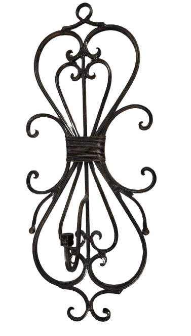 Vintage Wrought Iron Caged Glass Wall Sconce, Vase, Planter