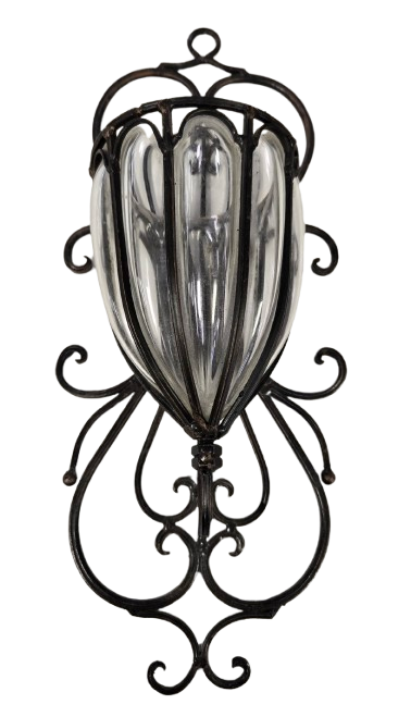 Vintage Wrought Iron Caged Glass Wall Sconce, Vase, Planter