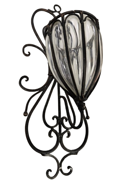 Vintage Wrought Iron Caged Glass Wall Sconce, Vase, Planter