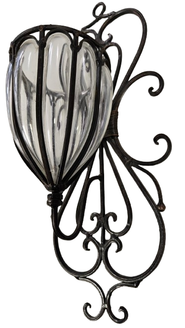 Vintage Wrought Iron Caged Glass Wall Sconce, Vase, Planter