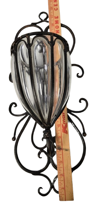 Vintage Wrought Iron Caged Glass Wall Sconce, Vase, Planter