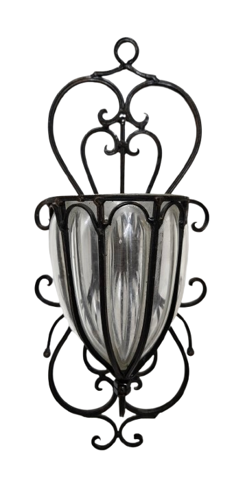 Vintage Wrought Iron Caged Glass Wall Sconce, Vase, Planter