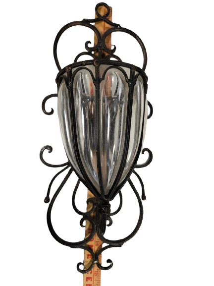 Vintage Wrought Iron Caged Glass Wall Sconce, Vase, Planter