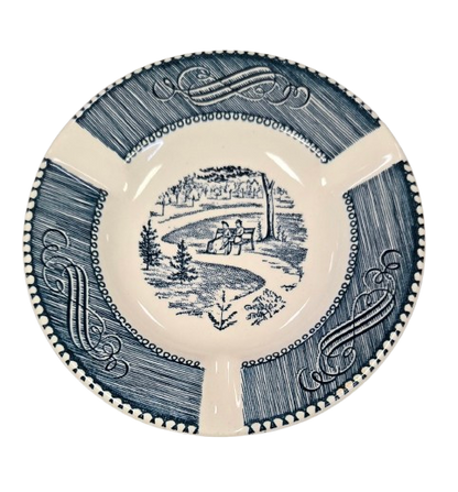 Vintage Currier and Ives Central Park Blue Royal China Ashtray Tobacianna Trinket Dish