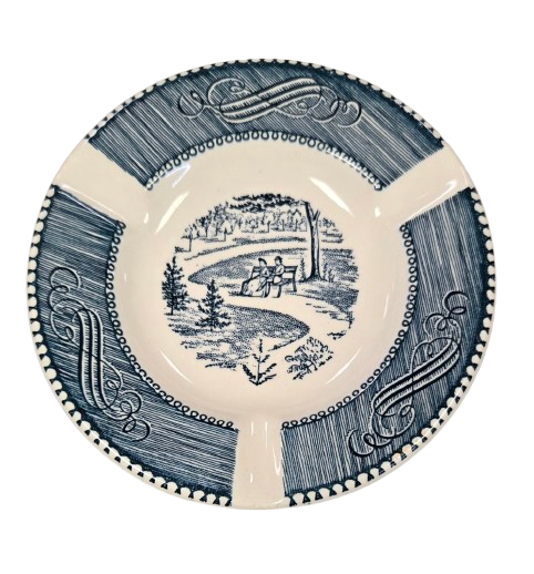 Vintage Currier and Ives Central Park Blue Royal China Ashtray Tobacianna Trinket Dish