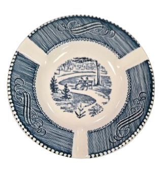 Vintage Currier and Ives Central Park Blue Royal China Ashtray Tobacianna Trinket Dish
