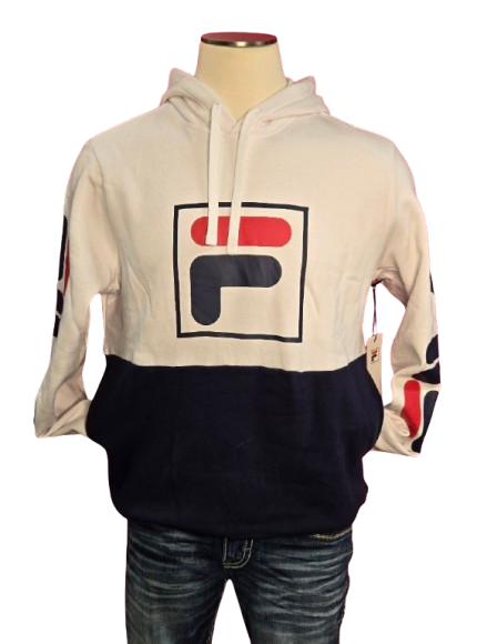 FILA Men’s Graphic Logo Hoodie – White/Navy Colorblock Pullover with Sleeve Print