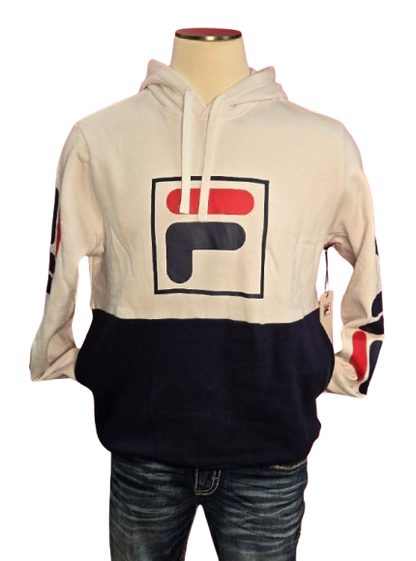 FILA Men’s Graphic Logo Hoodie – White/Navy Colorblock Pullover with Sleeve Print
